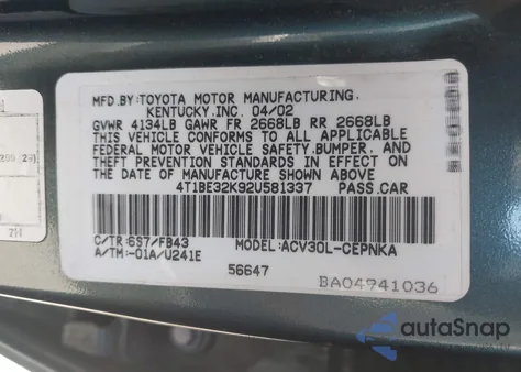 2002 Toyota Camry Le from USA, damaged, VIN 4T1BE32K92U581337